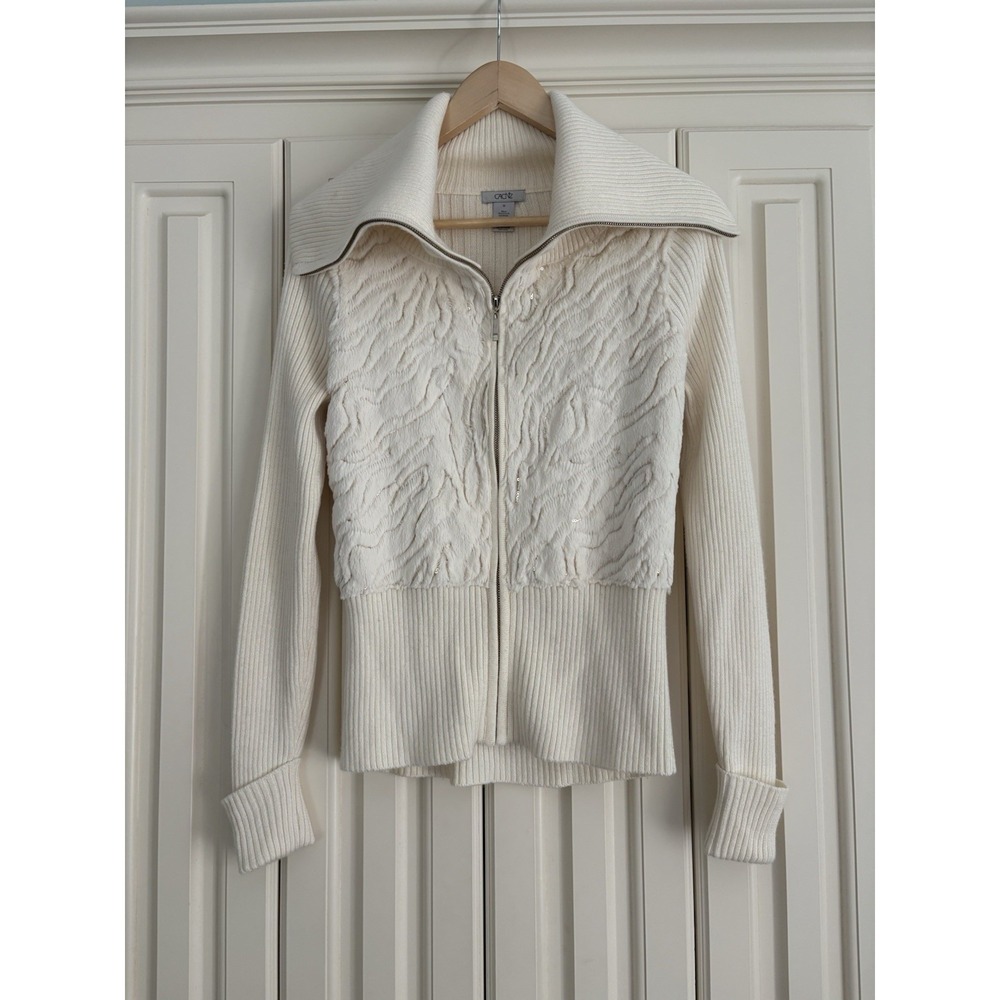 Cache' Fur Sweater White Long Sleeve Full Zip Wool Blend Medium Vintage